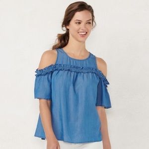LNC Lauren Conrad chambray Cold shoulder top
